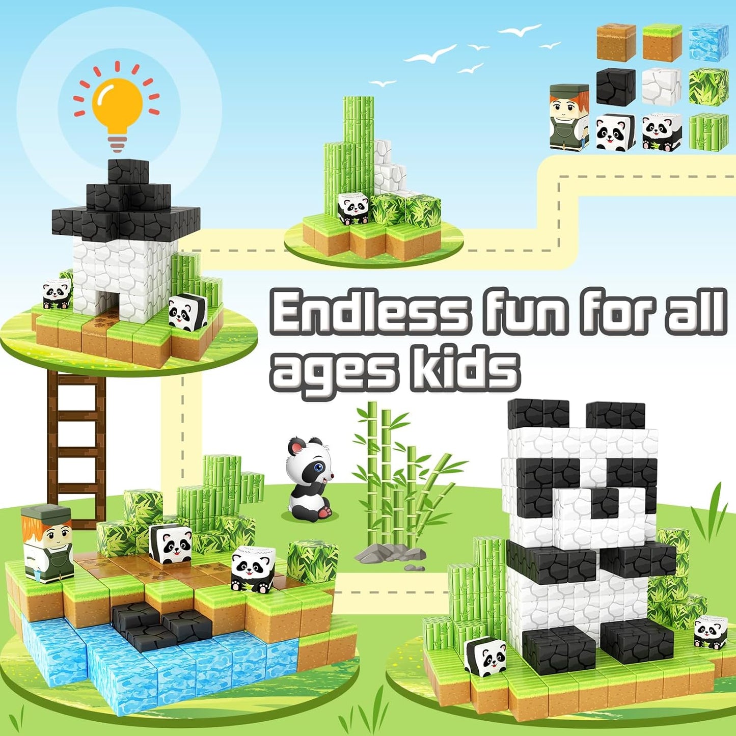 Magnetic Blocks-Build Mine Magnet World® Panda Edition, Magnetic Tiles Building Blocks for Boys & Girls Age 3-5 4-8 5-7, Kids STEM Sensory Learning Outdoor Toys for 3+ Years Old Girls Boys Gifts