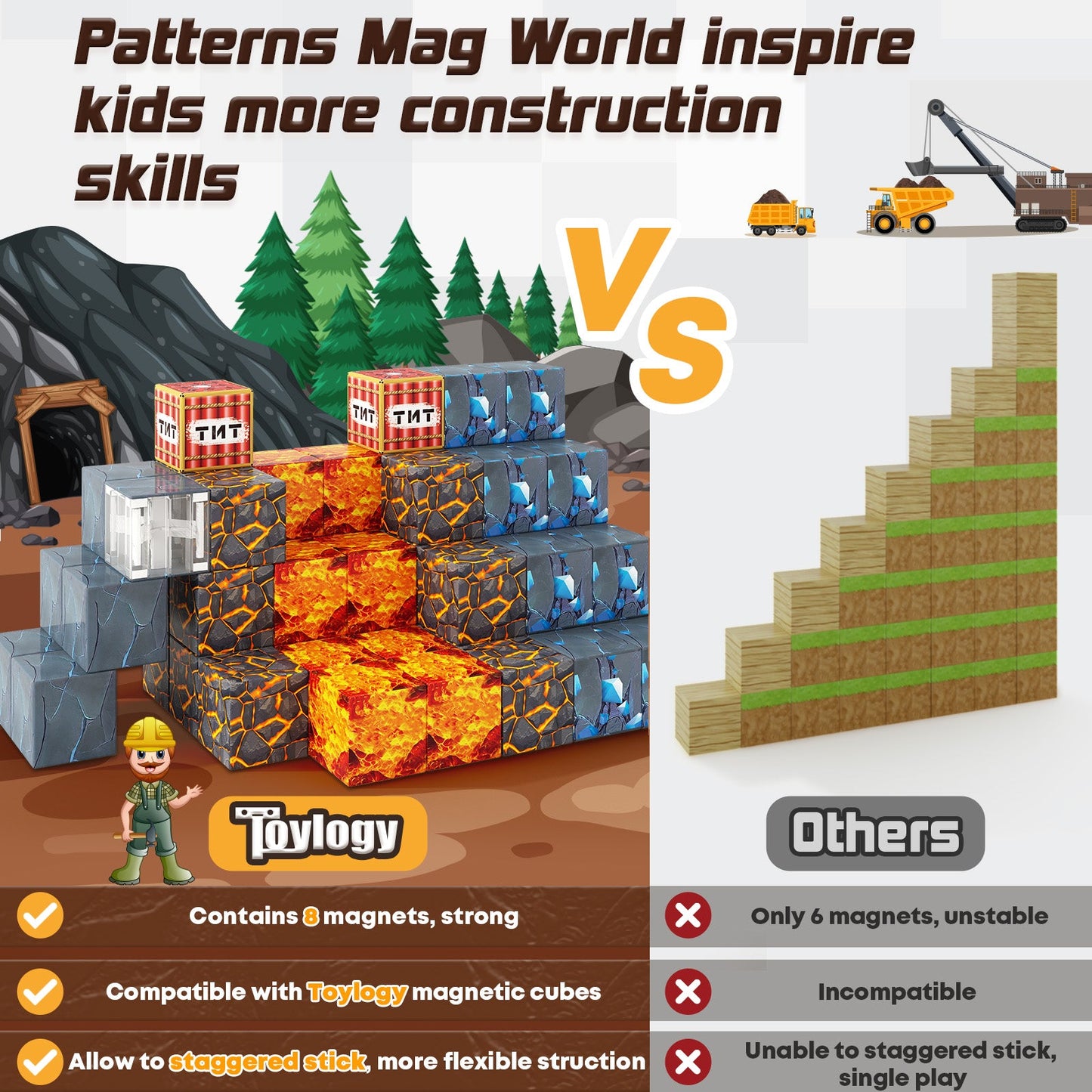 Magnetic Blocks Build Mine Magnet World® Edition Mine Pickaxe Caverns Kids Games Toddler Toys Magnetic Tiles for Boys & Girls Age 3-4 4-5 6-8, Sensory Outdoor Toys for Kids for 3+