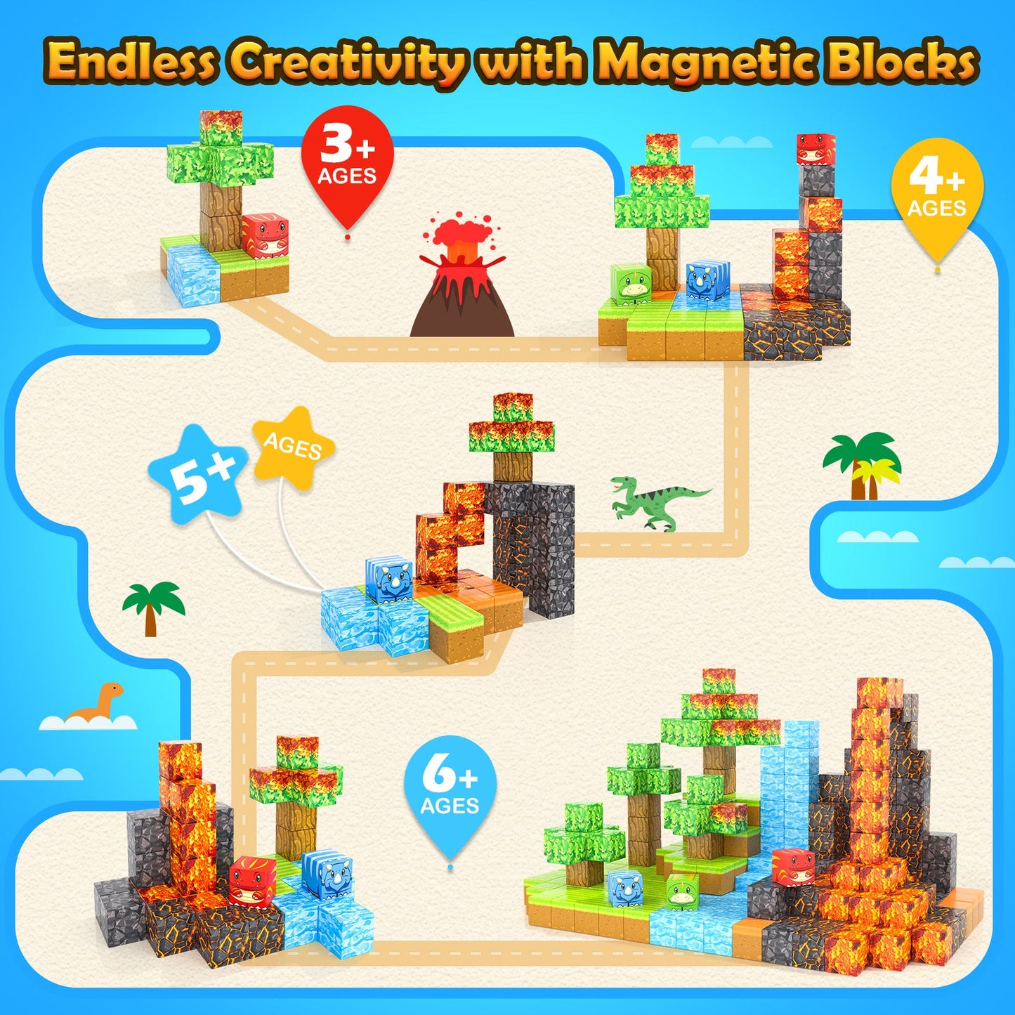Magnetic Blocks-Build Mine Magnet World® Dino Edition, Dinosaur Toys Magnet Builidng Blocks Jurassic Scenes Kids Toys for Boys 3-5 4-6 6-8 Magnetic STEM Construction Sensory Toddler Kids Games