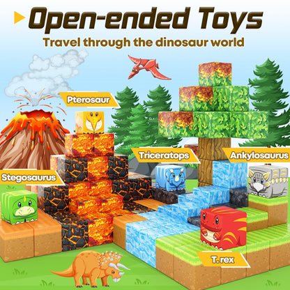 Dinosaur Toys Magnetic Blocks-Build Mine Magnet® World Volcano Edition Kids Toy for 3+ Year Old Boys and Girls Building Blocks Toddler Toys Games Through Jurassic Learning Sensory Toy Gifts