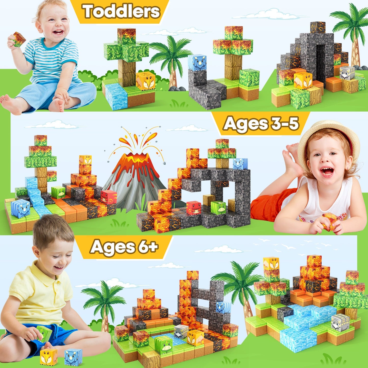 Dinosaur Toys Magnetic Blocks-Build Mine Magnet® World Volcano Edition Kids Toy for 3+ Year Old Boys and Girls Building Blocks Toddler Toys Games Through Jurassic Learning Sensory Toy Gifts