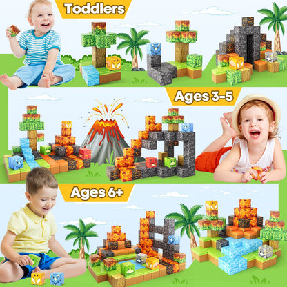 Dinosaur Toys Magnetic Blocks-Build Mine Magnet® World Volcano Edition Kids Toy for 3+ Year Old Boys and Girls Building Blocks Toddler Toys Games Through Jurassic Learning Sensory Toy Gifts