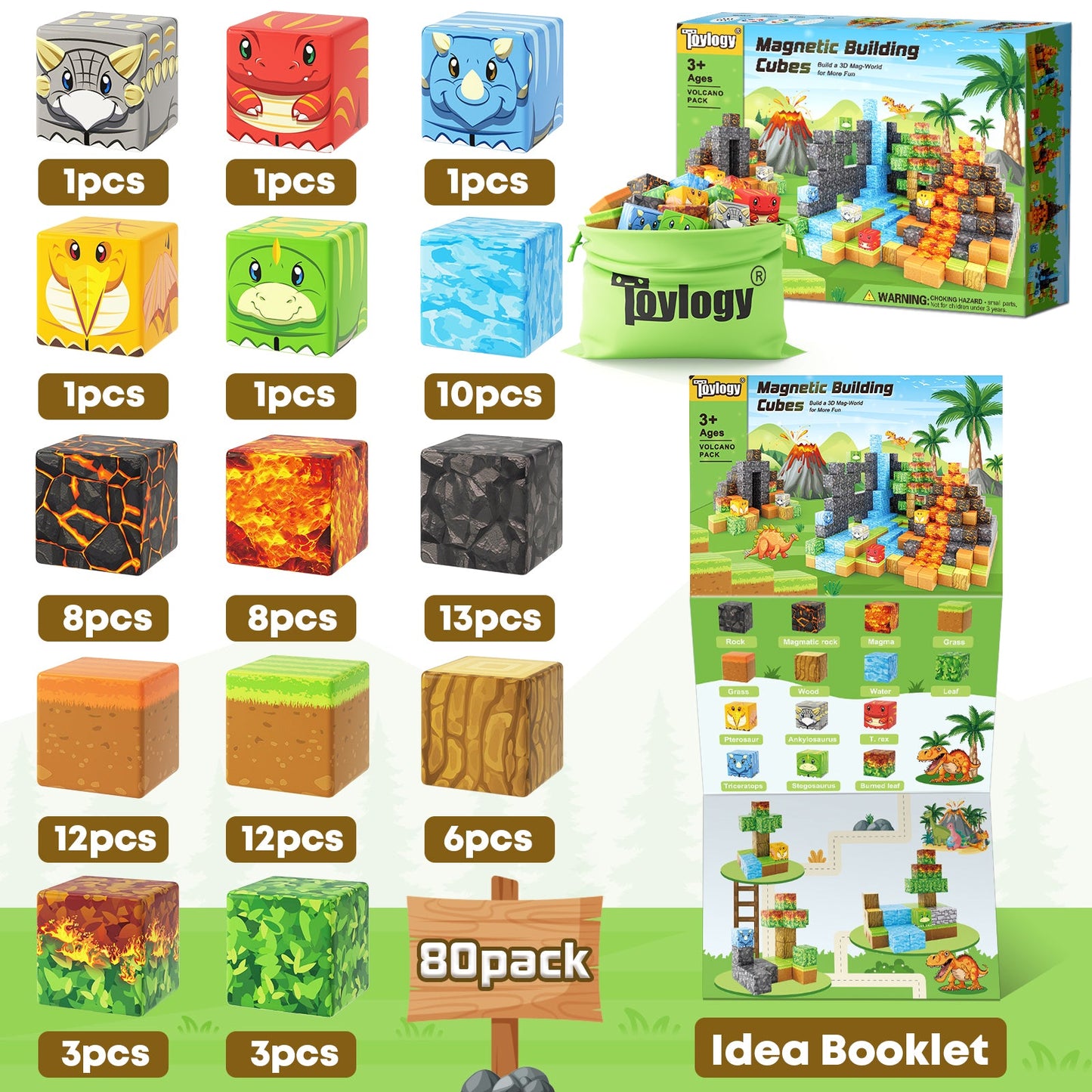 Dinosaur Toys Magnetic Blocks-Build Mine Magnet® World Volcano Edition Kids Toy for 3+ Year Old Boys and Girls Building Blocks Toddler Toys Games Through Jurassic Learning Sensory Toy Gifts