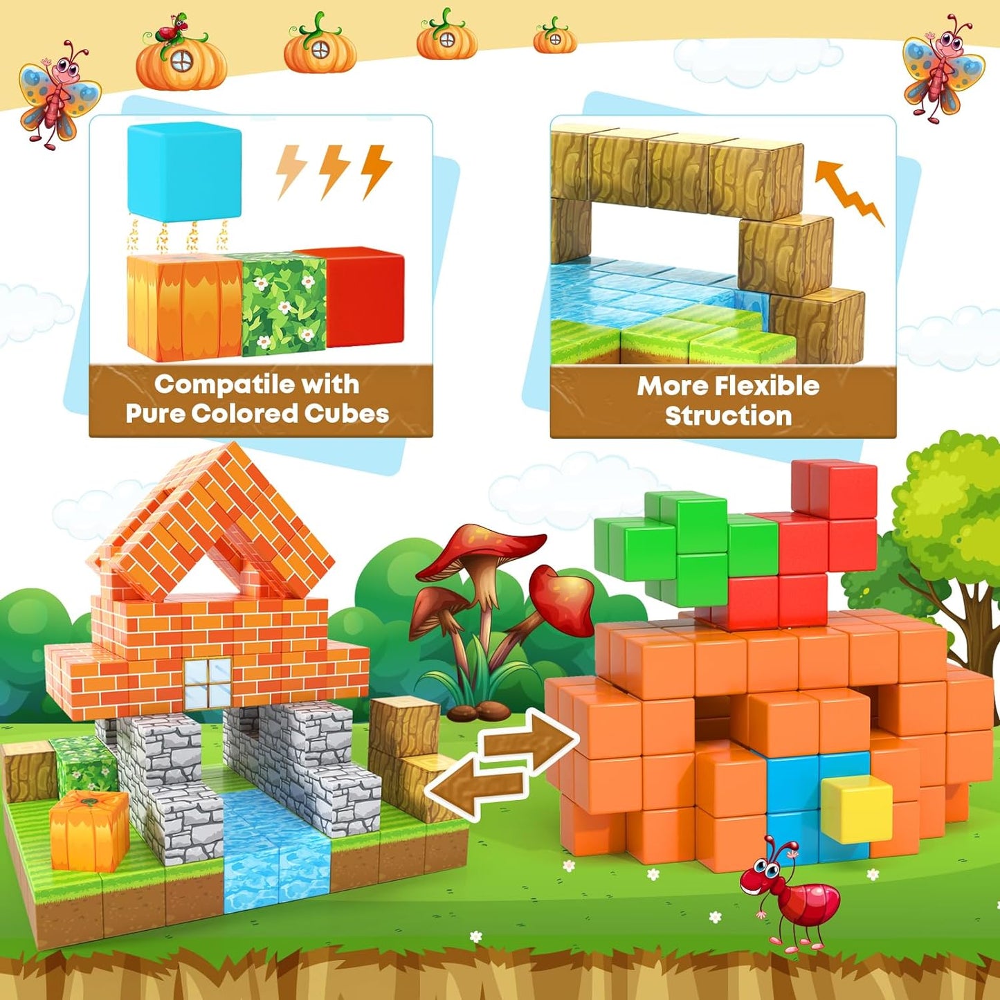 Magnetic Blocks-Build Mine Magnet World® Pumpkin Edition Kids Games Toys for Boys Girls 3+ Years Old Magnetic STEM Construction Toys Ages 4-6 6-8 5-7 for Halloween Birthday Gifts
