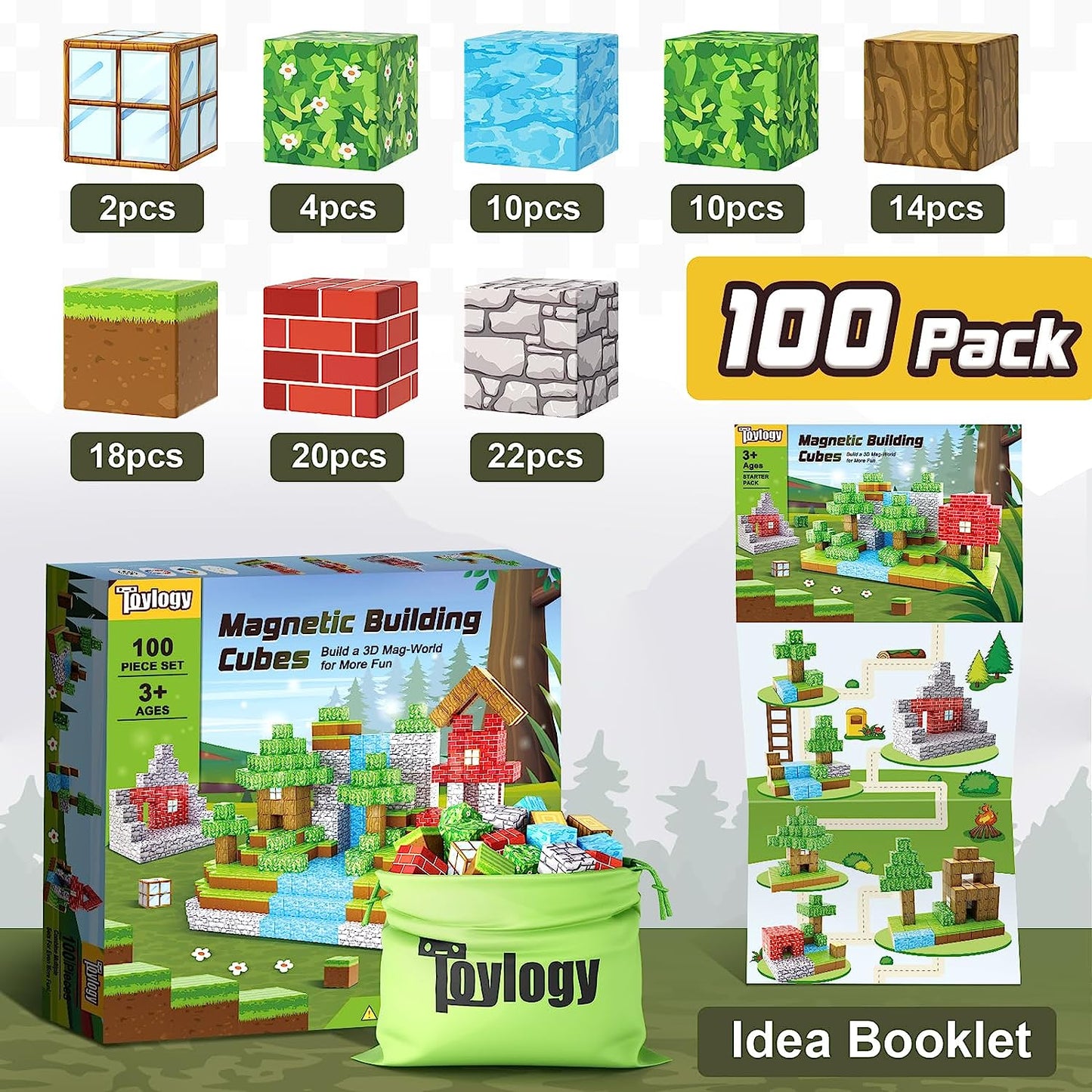 100PCS Magnetic Blocks-Build Mine Magnet World® Set, Magnetic Toys for Boys & Girls Age 3-5 6-8, STEM Sensory Toys for Toddlers Gifts for 3+ Years Old Girls Boys, Classroom Must Haves Construction Toys