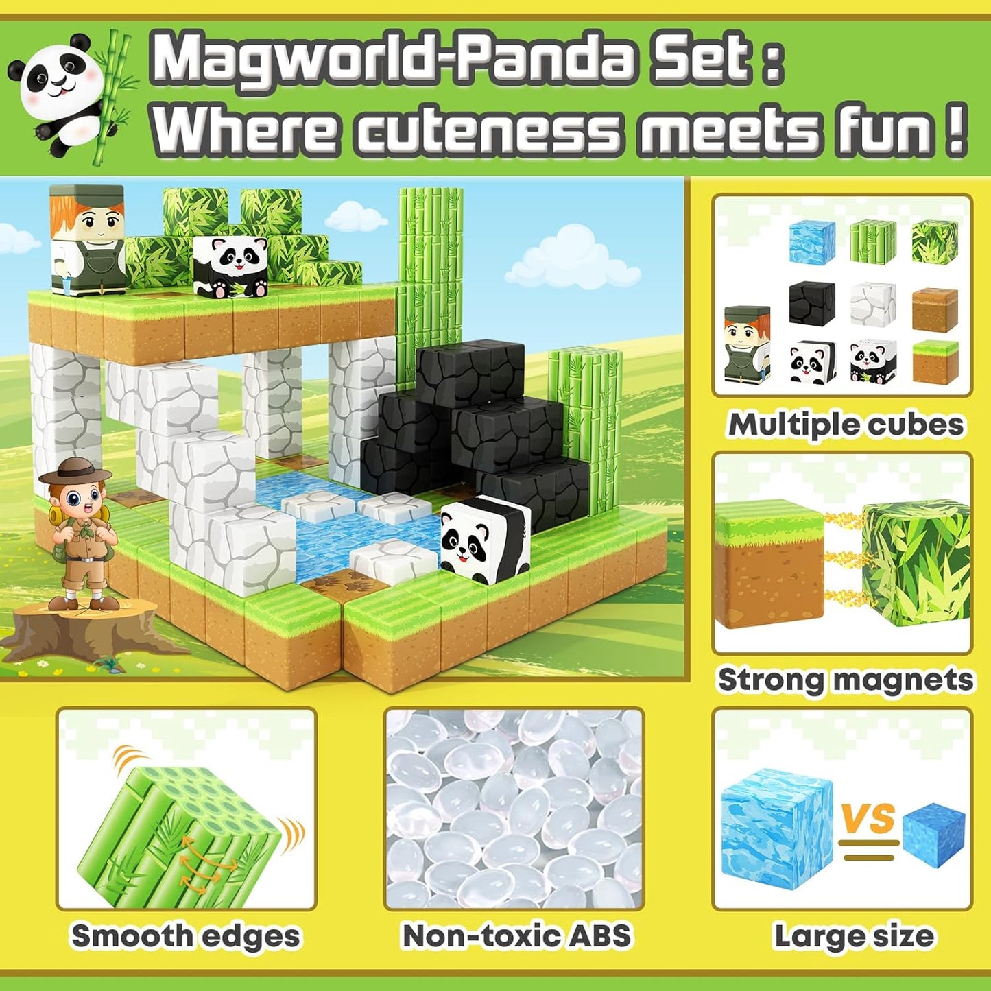 Magnetic Blocks-Build Mine Magnet World® Panda Edition, Magnetic Tiles Building Blocks for Boys & Girls Age 3-5 4-8 5-7, Kids STEM Sensory Learning Outdoor Toys for 3+ Years Old Girls Boys Gifts