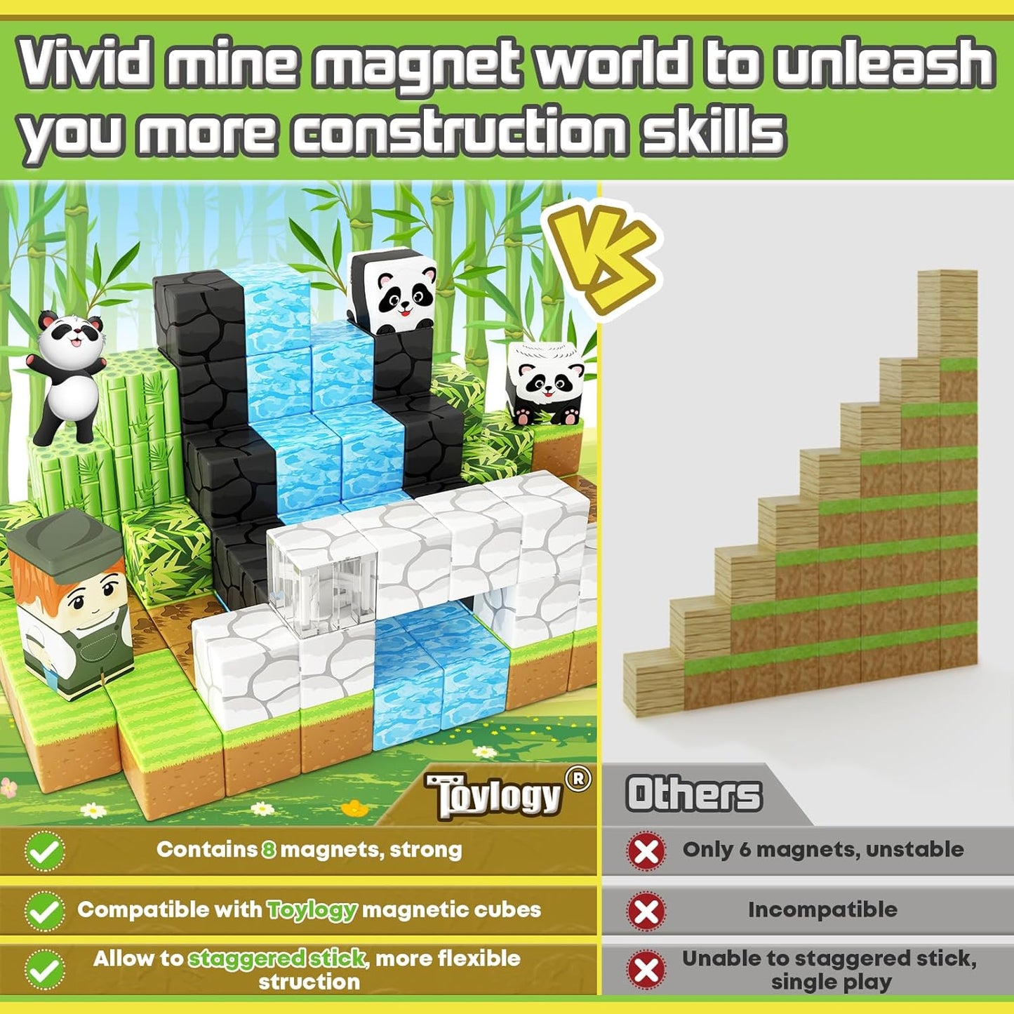 Magnetic Blocks-Build Mine Magnet World® Panda Edition, Magnetic Tiles Building Blocks for Boys & Girls Age 3-5 4-8 5-7, Kids STEM Sensory Learning Outdoor Toys for 3+ Years Old Girls Boys Gifts