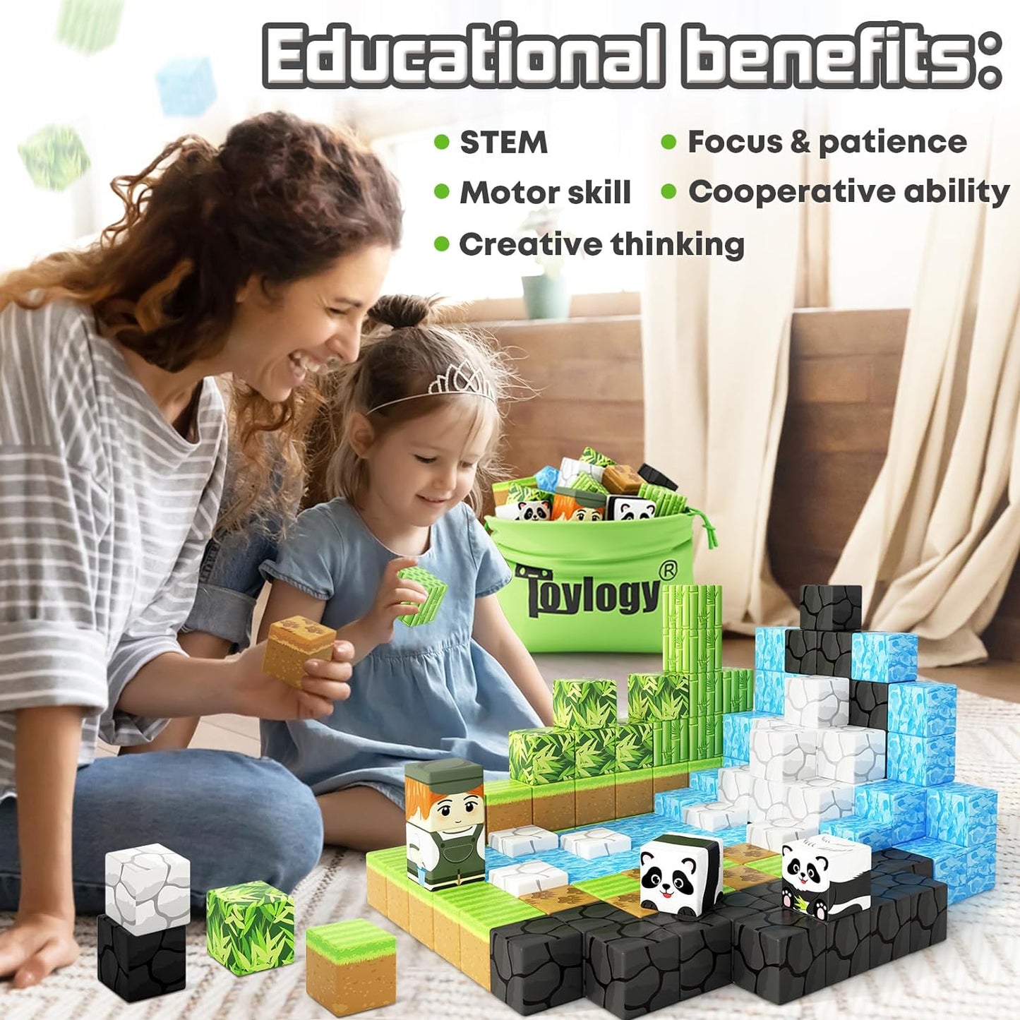 Magnetic Blocks-Build Mine Magnet World® Panda Edition, Magnetic Tiles Building Blocks for Boys & Girls Age 3-5 4-8 5-7, Kids STEM Sensory Learning Outdoor Toys for 3+ Years Old Girls Boys Gifts
