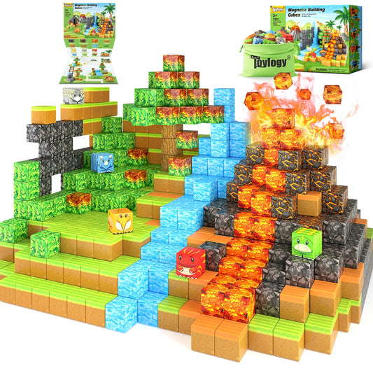 Dinosaur Toys Magnetic Blocks-Build Mine Magnet World® Volcano Edition Kids Toy for 3+ Year Old Boys and Girls Building Blocks Toddler Toys Games Through Jurassic Learning Sensory Toy Gifts
