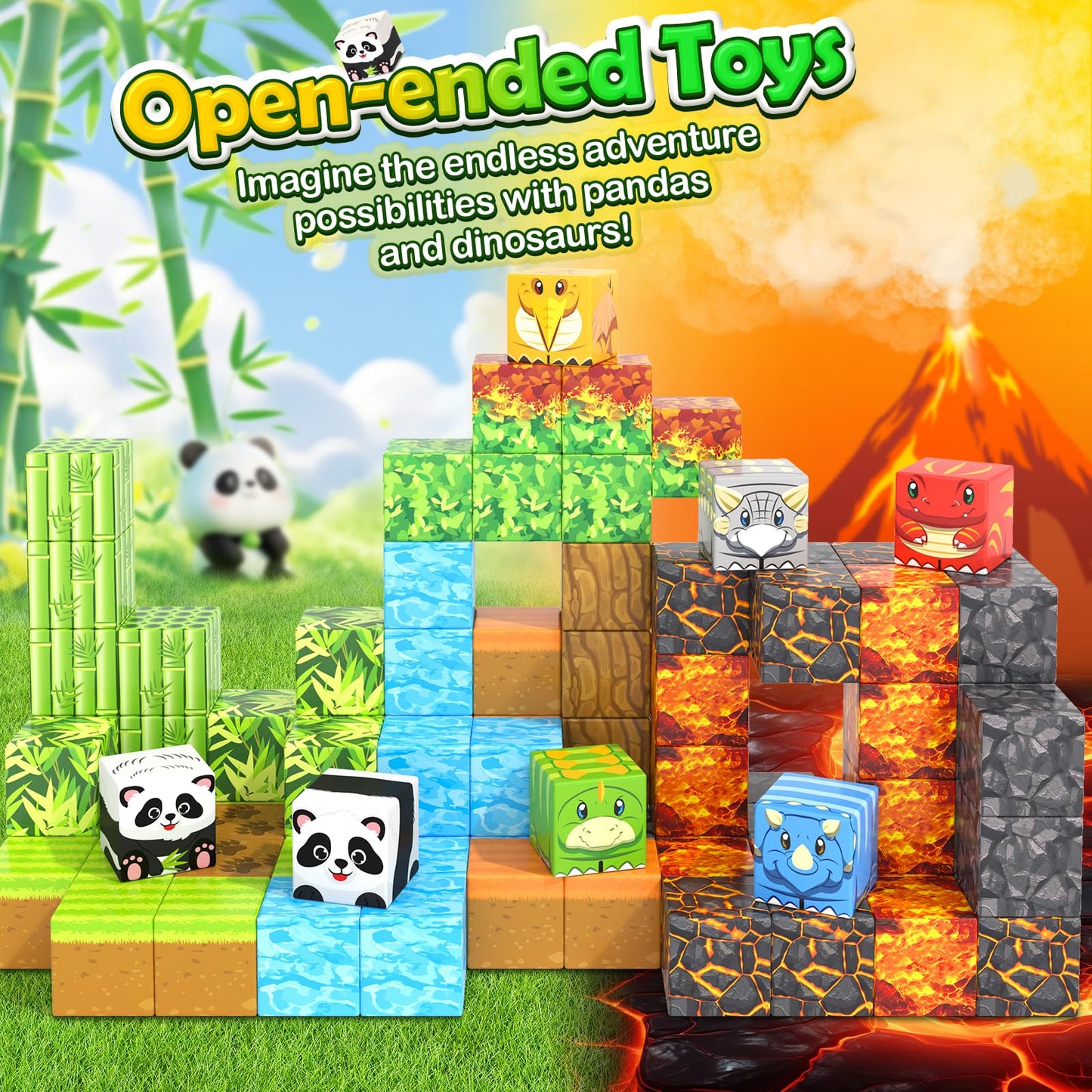 Magnetic Blocks-Build Mine Magnet World® Dinosaur Panda Toys Kids Games, Toddler STEM Educational Sensory Dino Toys for Kids 3-5 5-7, Birthday Gifts for 3 4 5 6 7 8 Year Old Boys and Girls