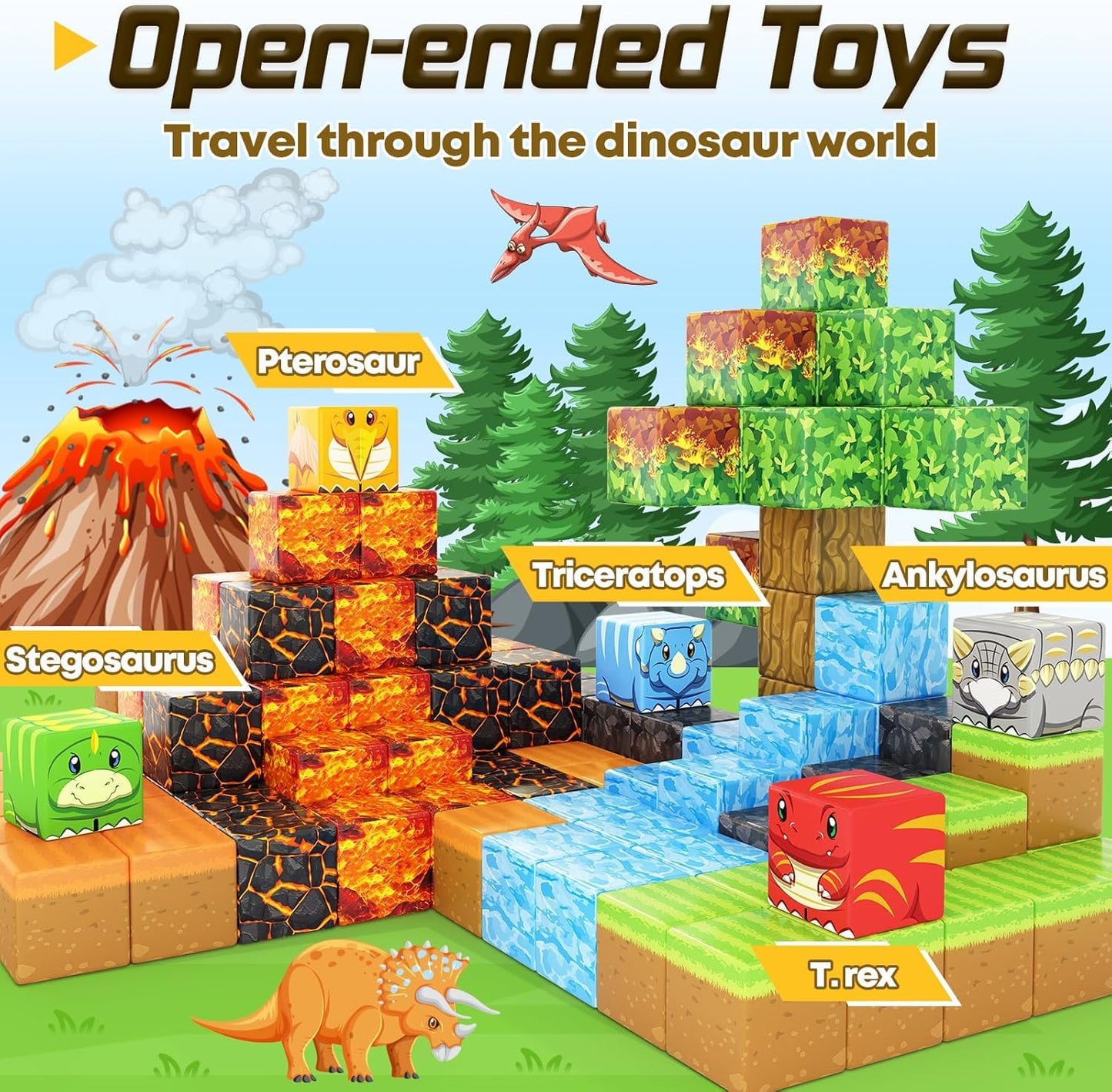 Dinosaur Toys Magnetic Blocks-Build Mine Magnet World® Volcano Edition Kids Toy for 3+ Year Old Boys and Girls Building Blocks Toddler Toys Games Through Jurassic Learning Sensory Toy Gifts