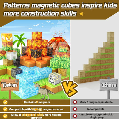 Dinosaur Toys Magnetic Blocks-Build Mine Magnet World® Volcano Edition Kids Toy for 3+ Year Old Boys and Girls Building Blocks Toddler Toys Games Through Jurassic Learning Sensory Toy Gifts