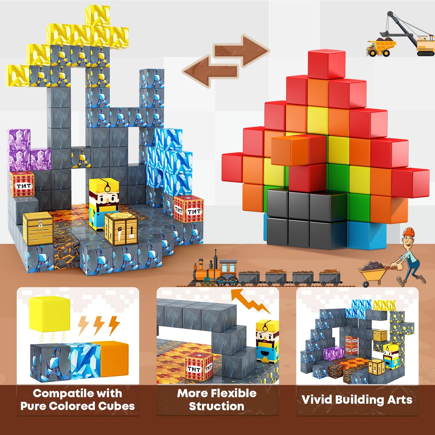 120PCS Magnetic Blocks-Build Mine Magnet World® Set for Boys & Girls Age 3-5 6-8, STEM Sensory Toys for Toddlers Gifts for 3+ Years Old Girls Boys
