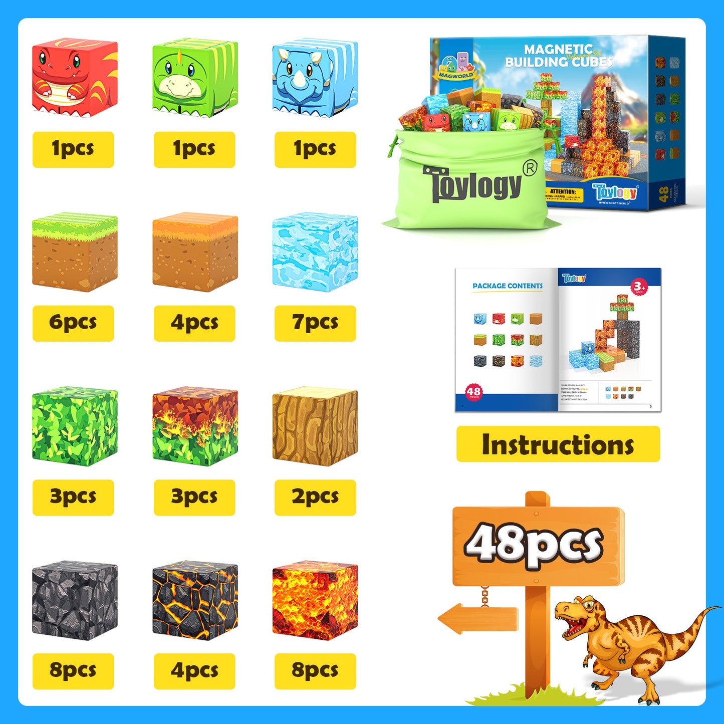 Magnetic Blocks-Build Mine Magnet World® Dino Edition, Dinosaur Toys Magnet Builidng Blocks Jurassic Scenes Kids Toys for Boys 3-5 4-6 6-8 Magnetic STEM Construction Sensory Toddler Kids Games